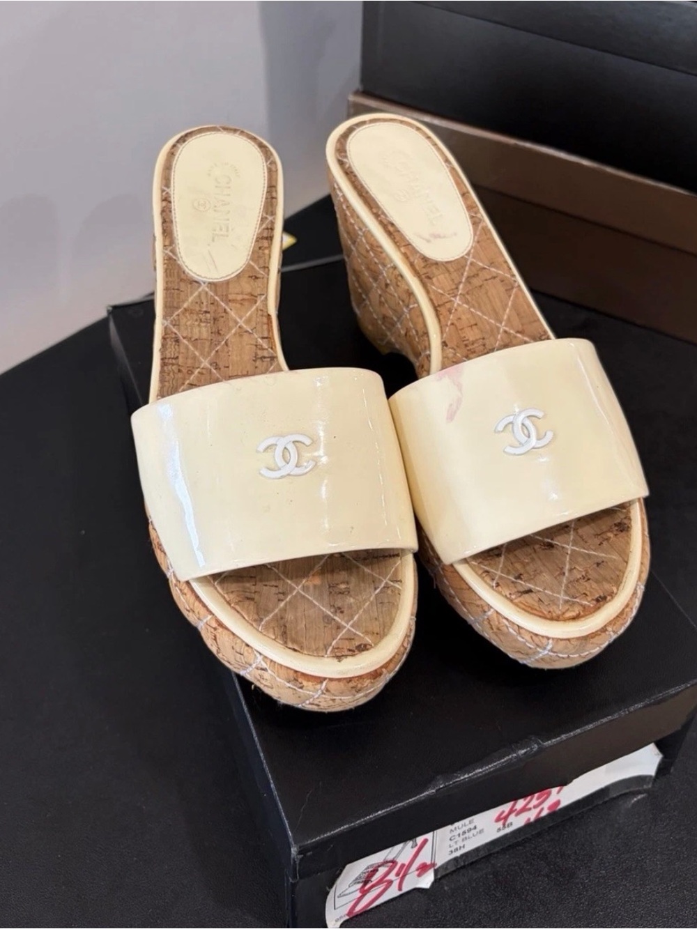 Chanel Cream Patent Slide Wedge Sandals, Size 38 - Picture 3 of 8